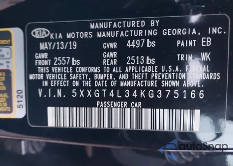 2019 Kia Optima Lx z USA, uszkodzony, nr VIN 5XXGT4L34KG375166